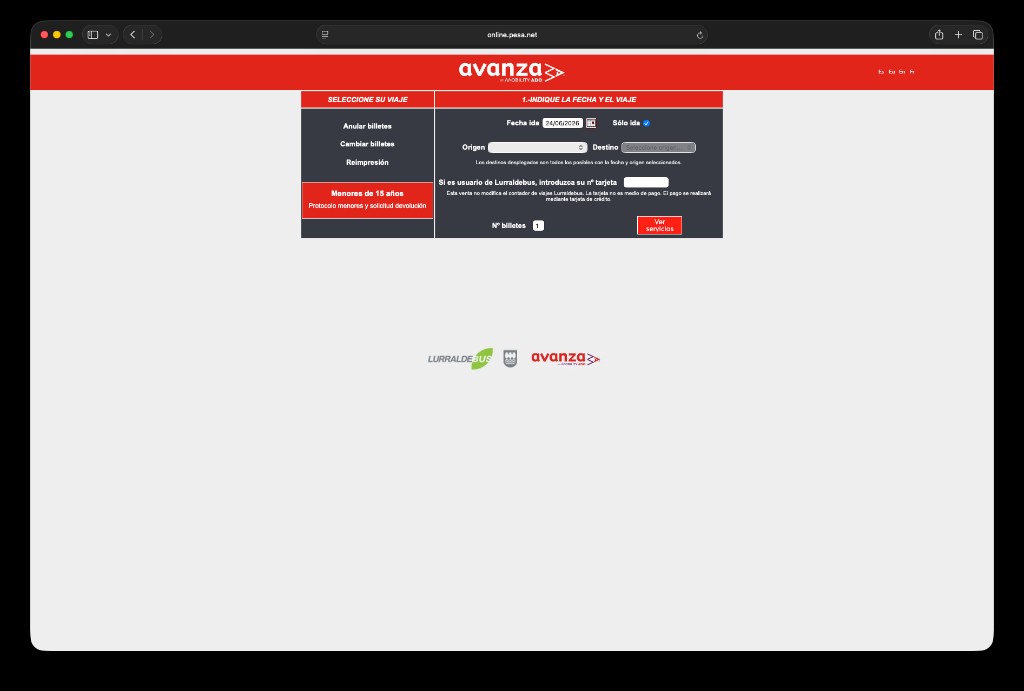 Pantalla de venta de billetes online de Pesa y Avanza en online.pesa.net, con campos de origen, destino y fecha