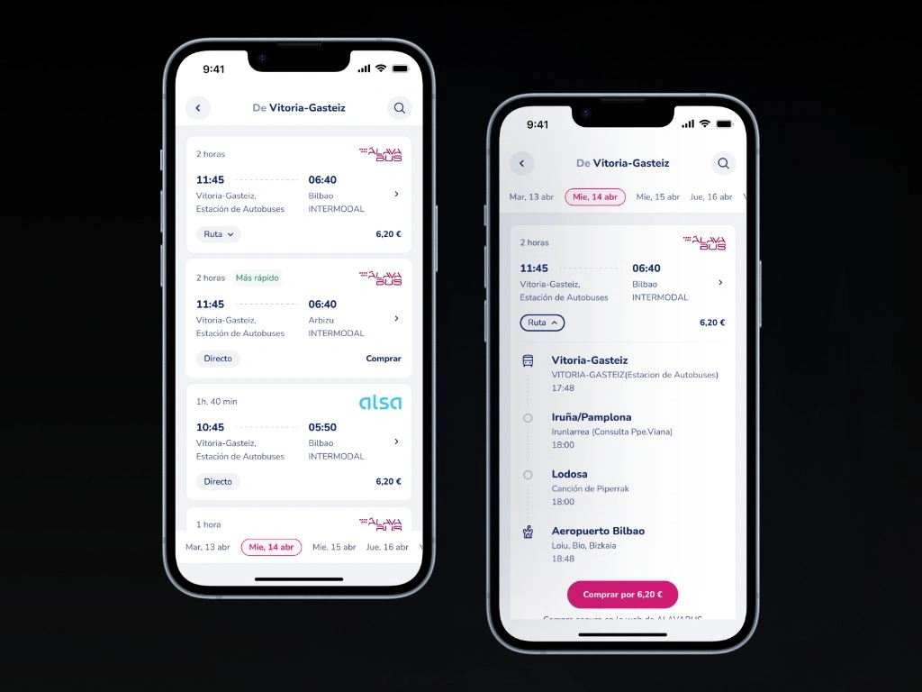 Dos mockups de iPhone con la app Sarebus: resultados de búsqueda de autobuses desde Vitoria-Gasteiz y detalle de ruta con paradas intermedias